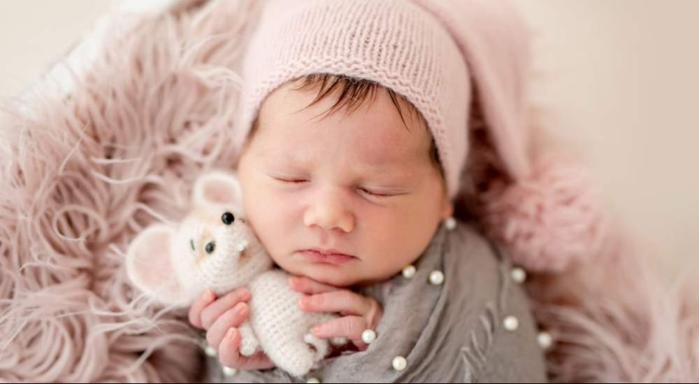 Sleeping newborn baby holding a soft toy, symbolizing successful pregnancy and fertility treatment outcome